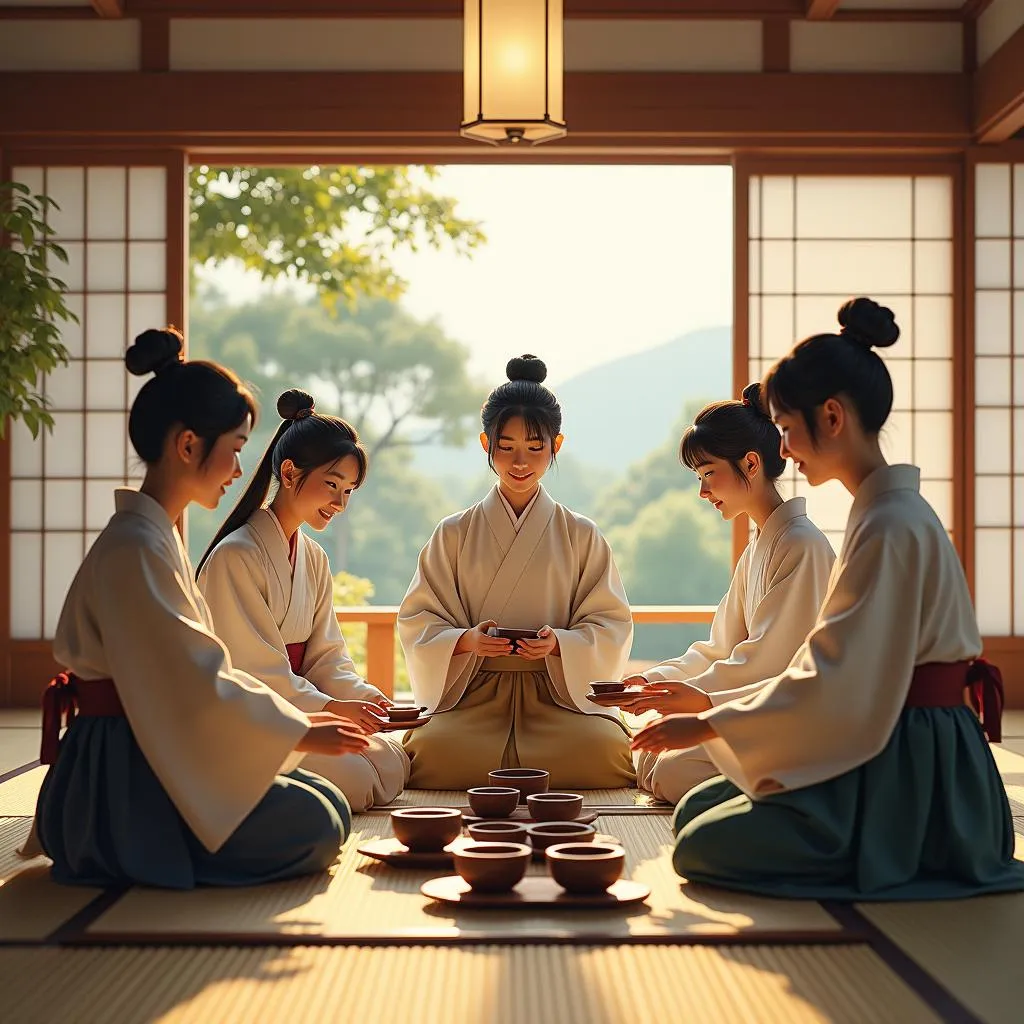 A group of friends participate in a serene Japanese tea ceremony, guided by a tea master in traditional attire.