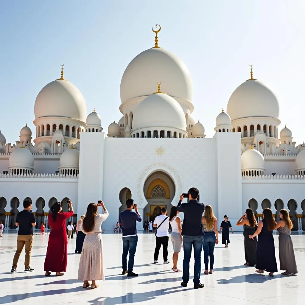 Visitors outside the Sheikh Zayed Grand Mosque in Abu Dhabi