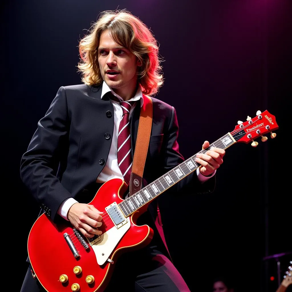 Angus Young performing on stage with AC/DC during their 2009 Japan tour.