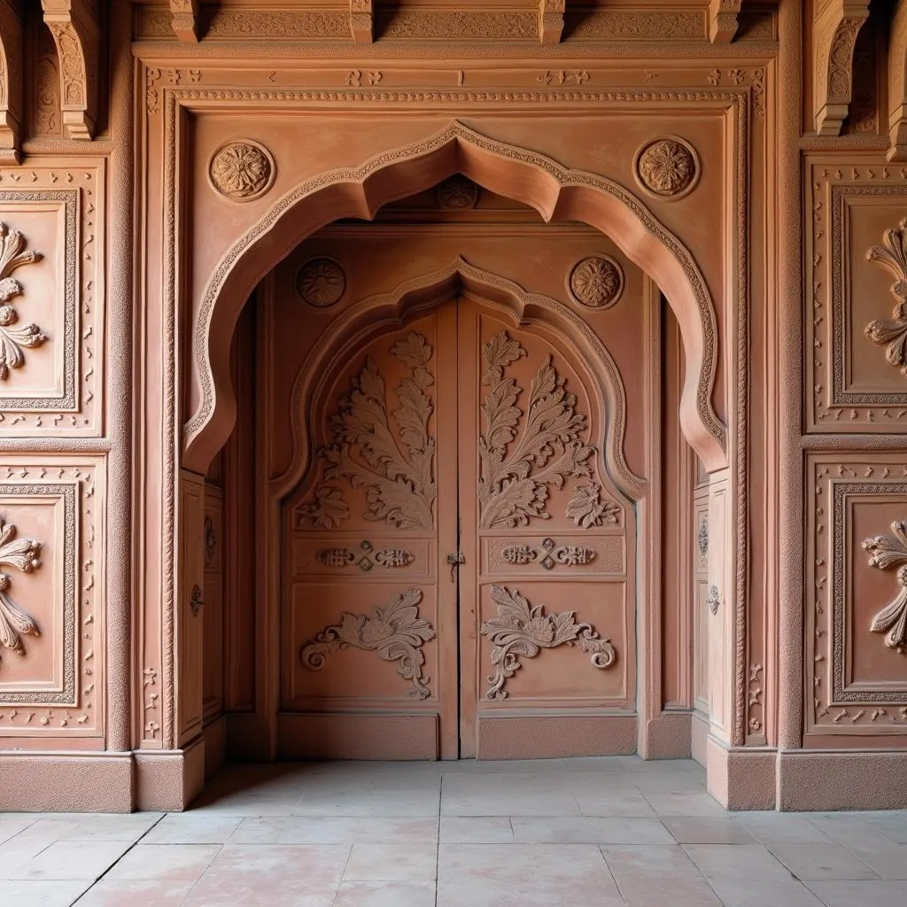 Close-up of intricate carvings on the walls of Agra Fort