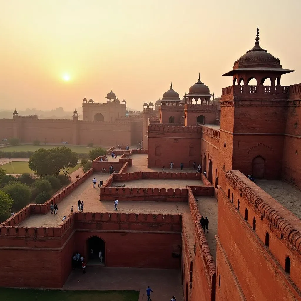 Massive red sandstone walls of Agra Fort, a UNESCO World Heritage Site in India