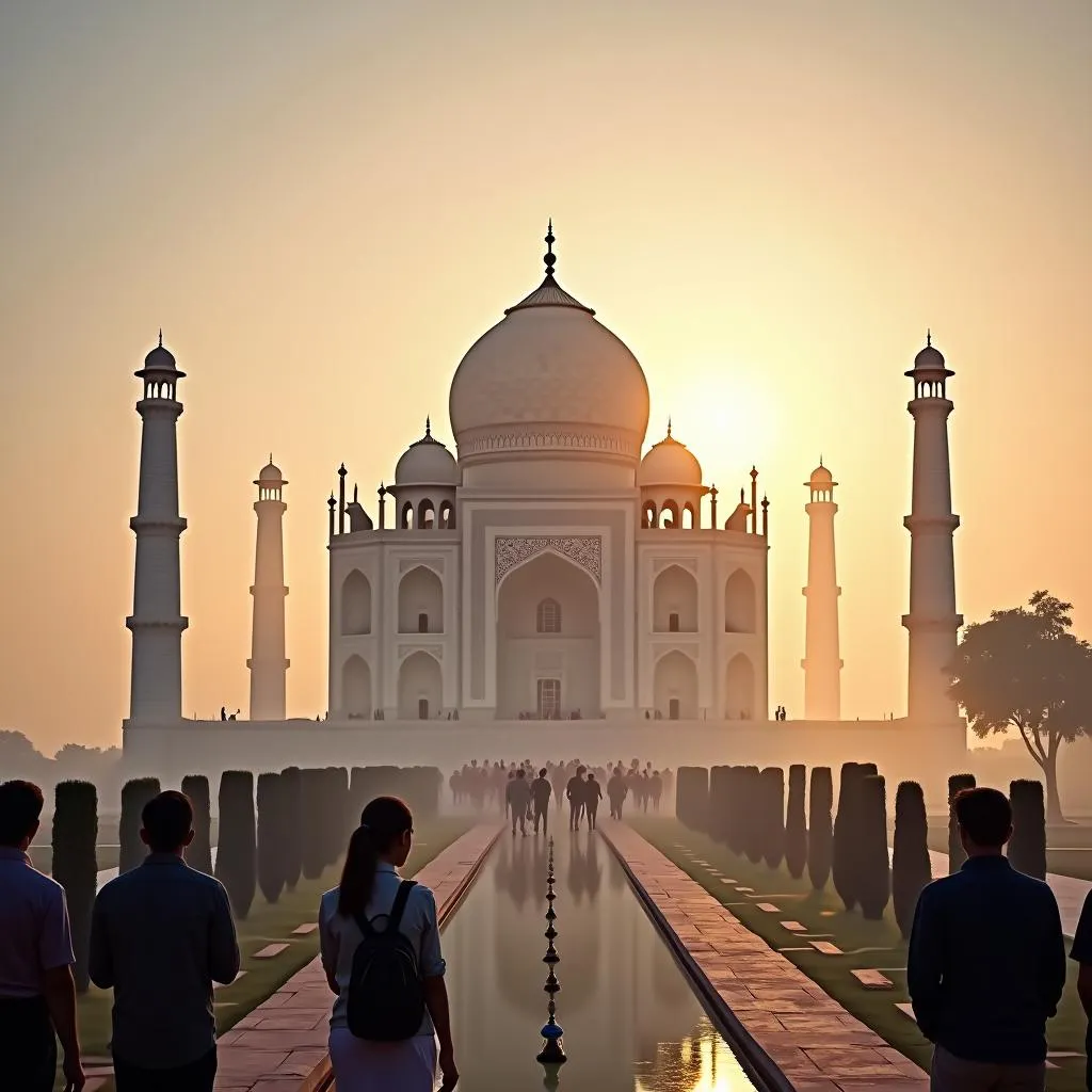 Tourists visiting the Taj Mahal during sunrise