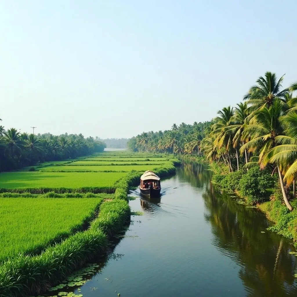 A traditional Kerala houseboat glides through the serene backwaters of Alleppey