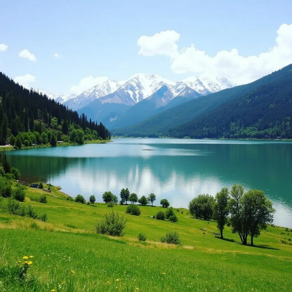 Serene Alpather Lake surrounded by lush green meadows and snow-capped peaks