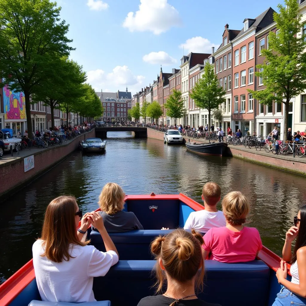 Tourists on a boat tour observing street art along Amsterdam's canals