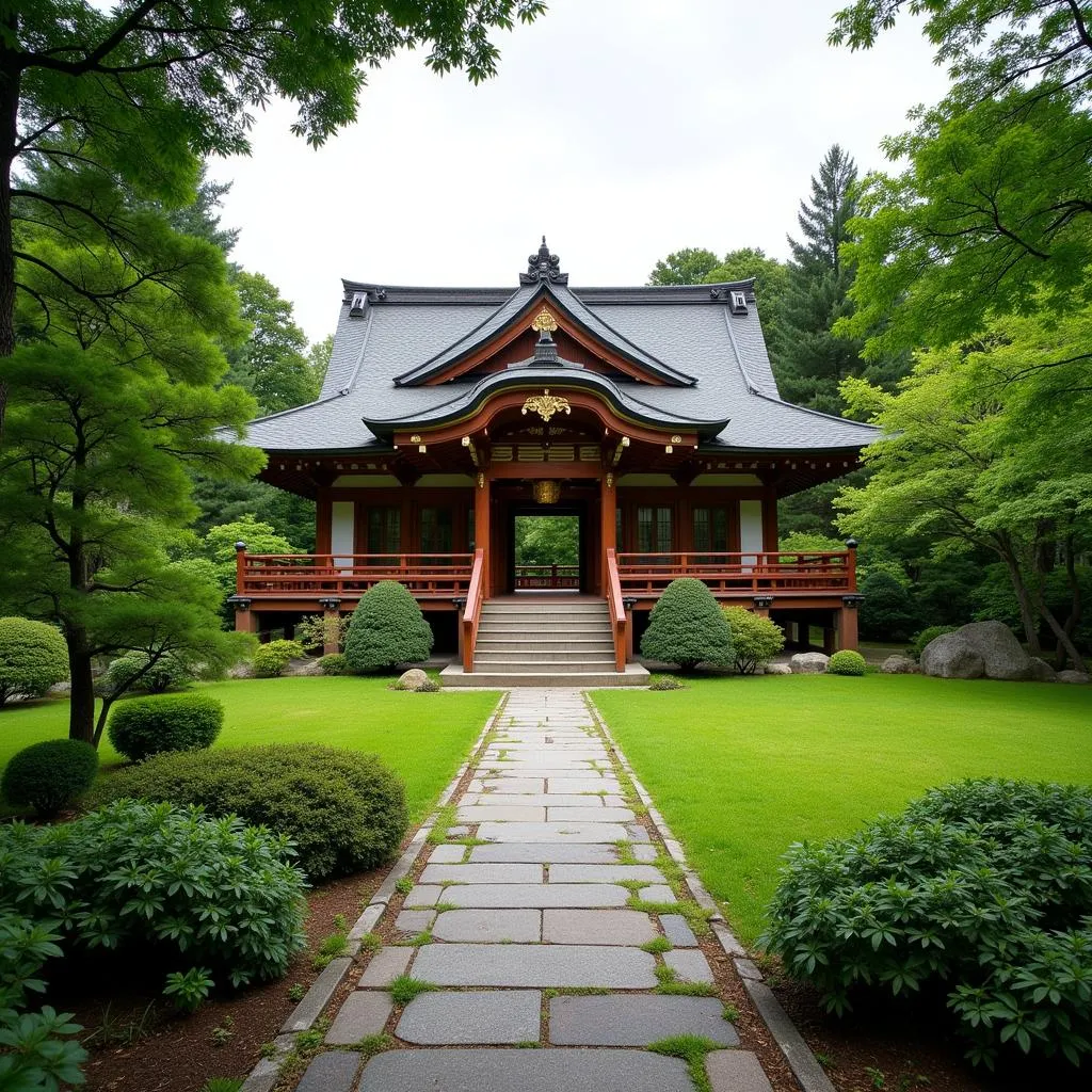 Ancient Japanese Temple in Serene Garden