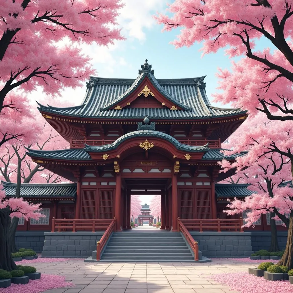 Ancient Japanese Temple in Full Bloom