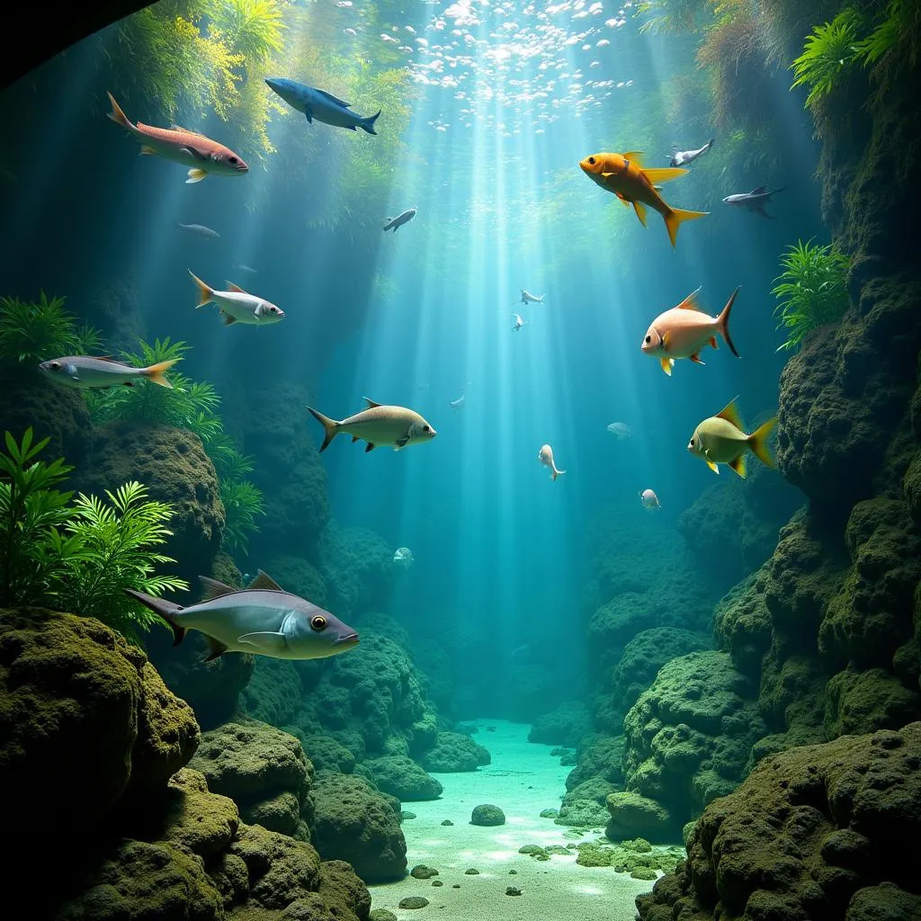 A diverse group of colorful fish swim through a lush underwater environment.