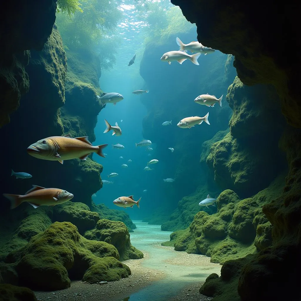 A large African Lungfish rests on a rock in a dimly lit underwater habitat.