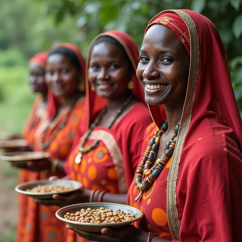 Tribal women in colorful attire selling fresh coffee beans in Araku Valley, India