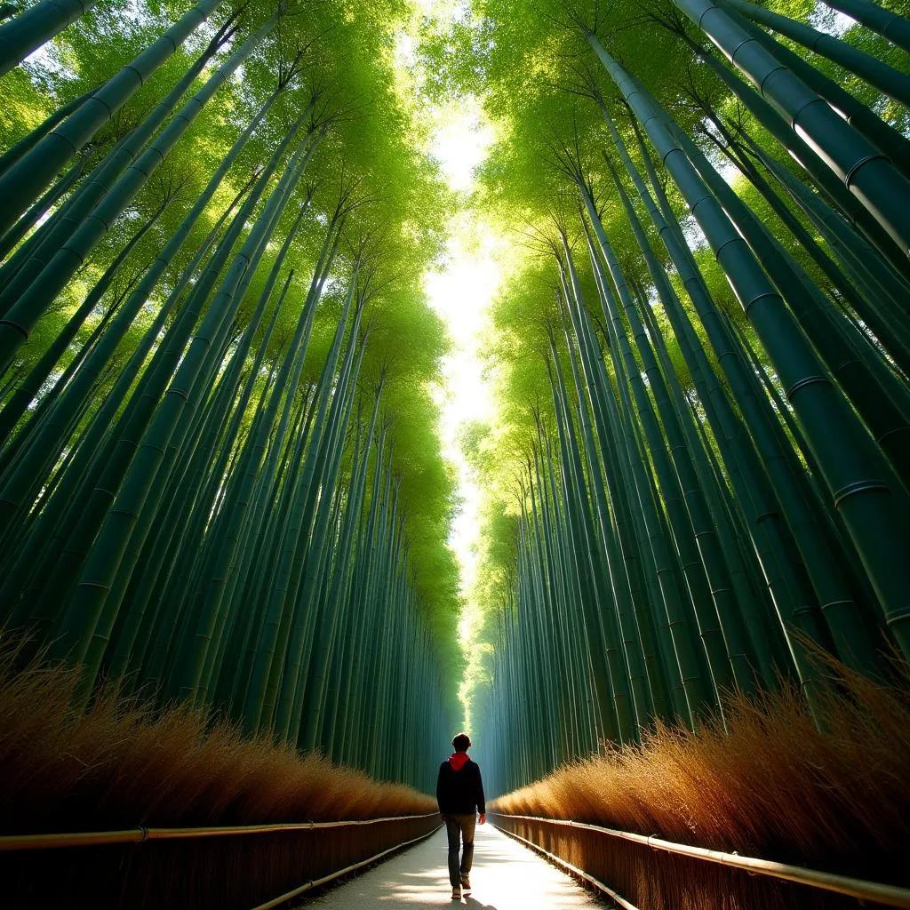 360-degree panoramic view of the Arashiyama Bamboo Grove