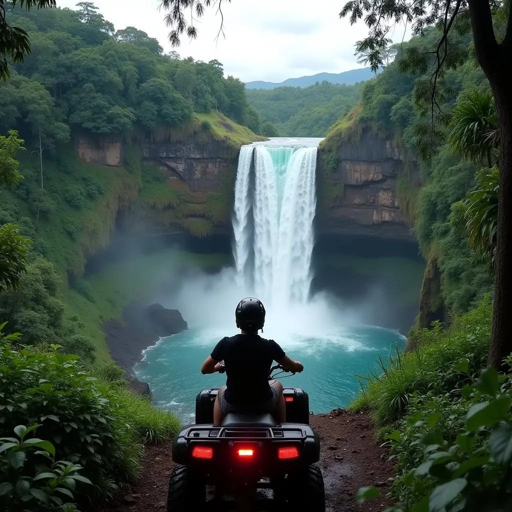 ATV rider stops to admire a breathtaking waterfall view in Jaco