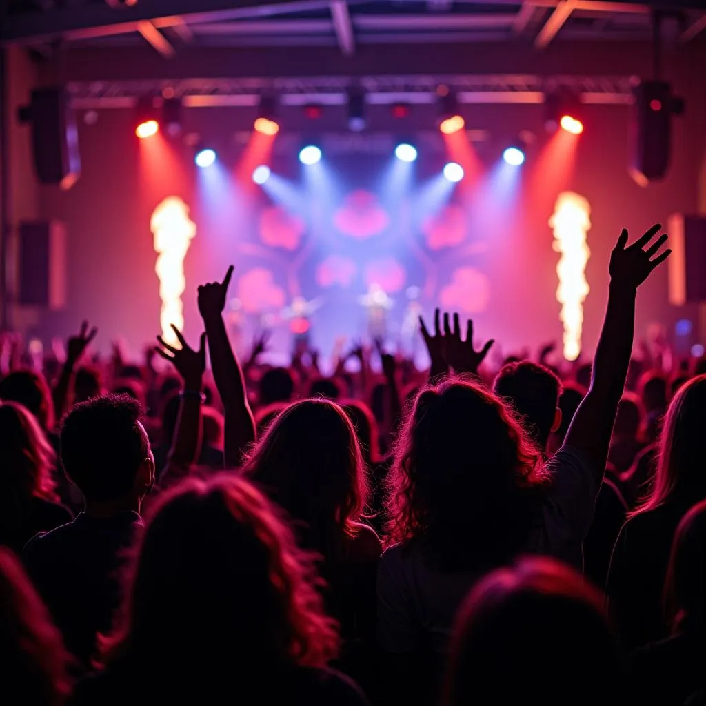 Enthusiastic audience singing and dancing at an ABBA tribute concert