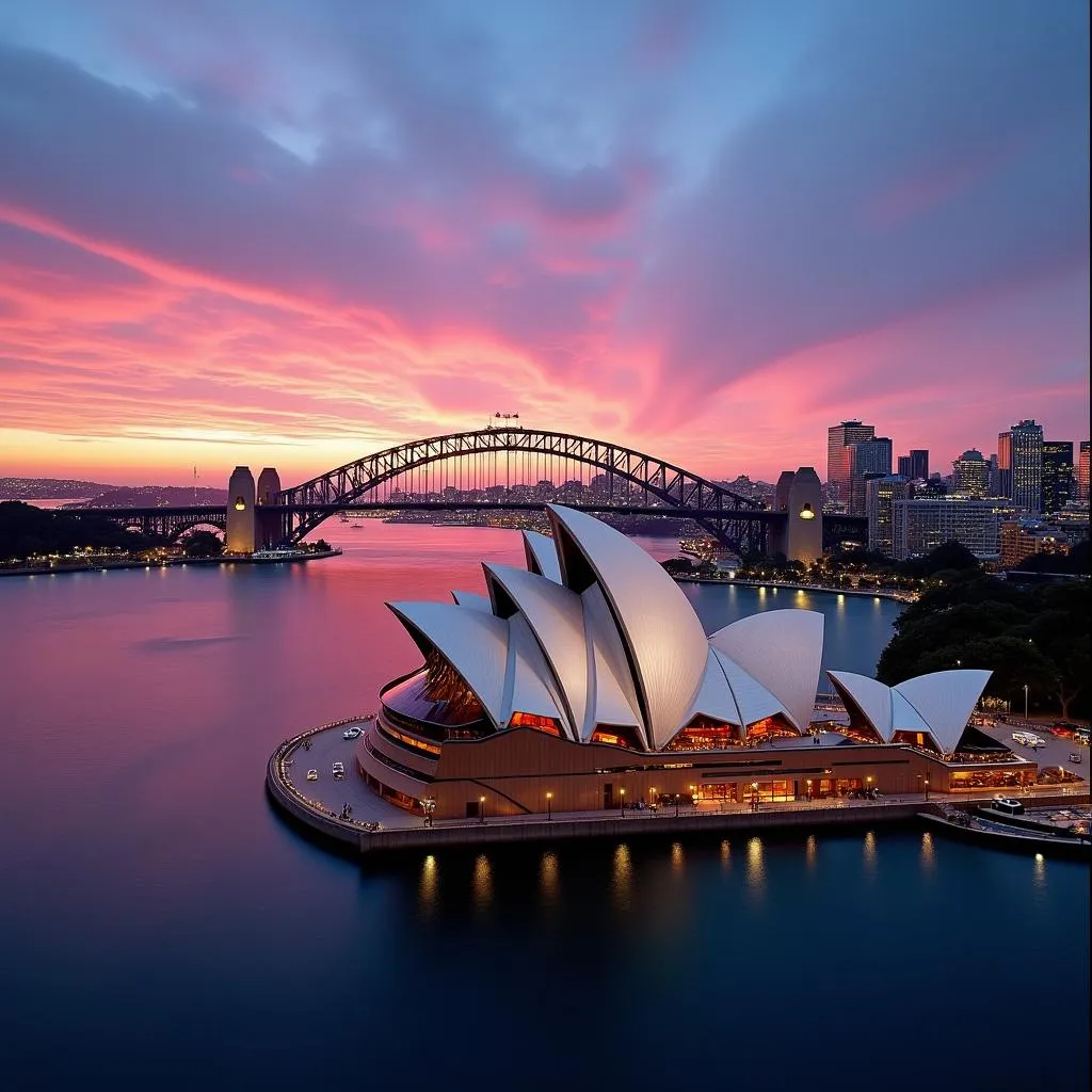 Sydney Opera House at sunset with city skyline