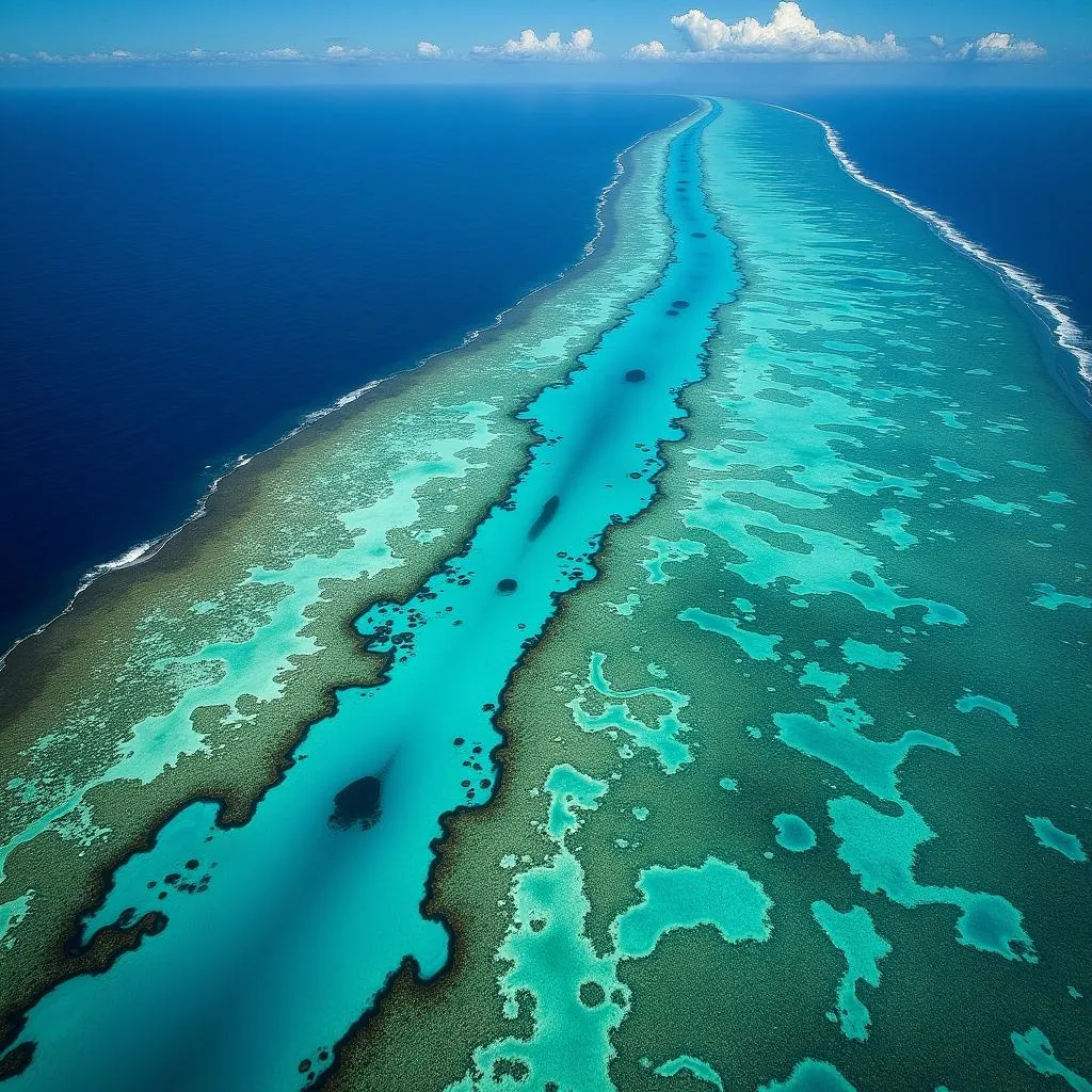 Aerial view of the colorful coral reefs of the Great Barrier Reef