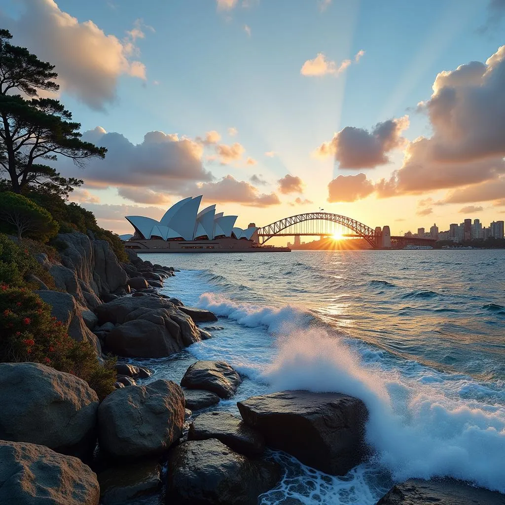 Sydney Opera House and Harbour Bridge at sunset