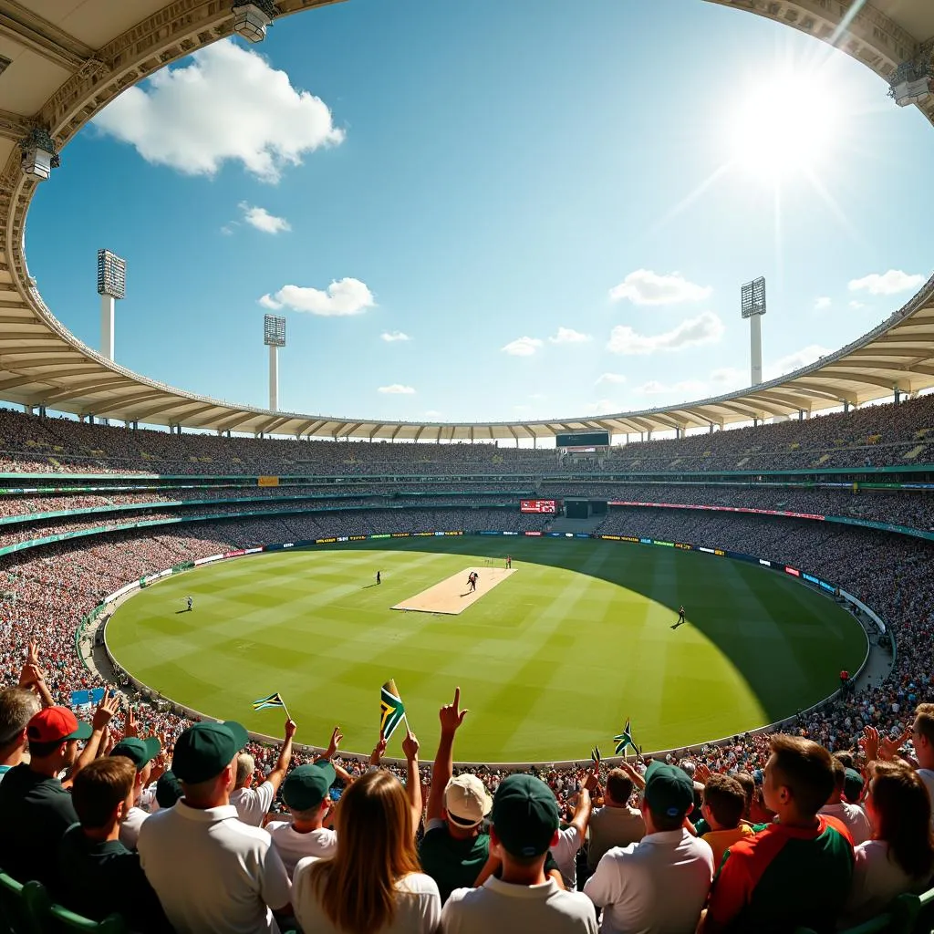 Crowds cheering for their teams at an Australian cricket stadium during a South Africa tour