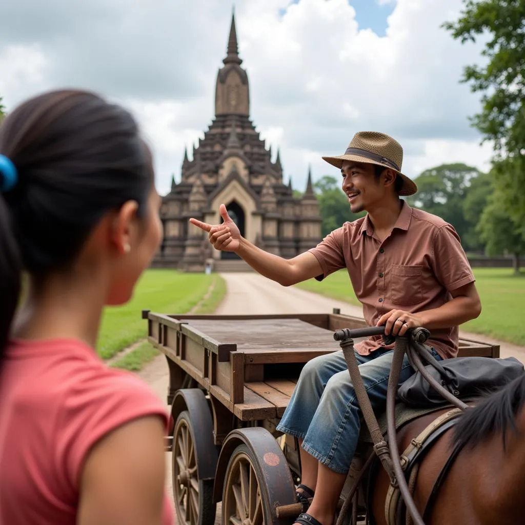 Bagan horse cart driver explaining temple history to tourists