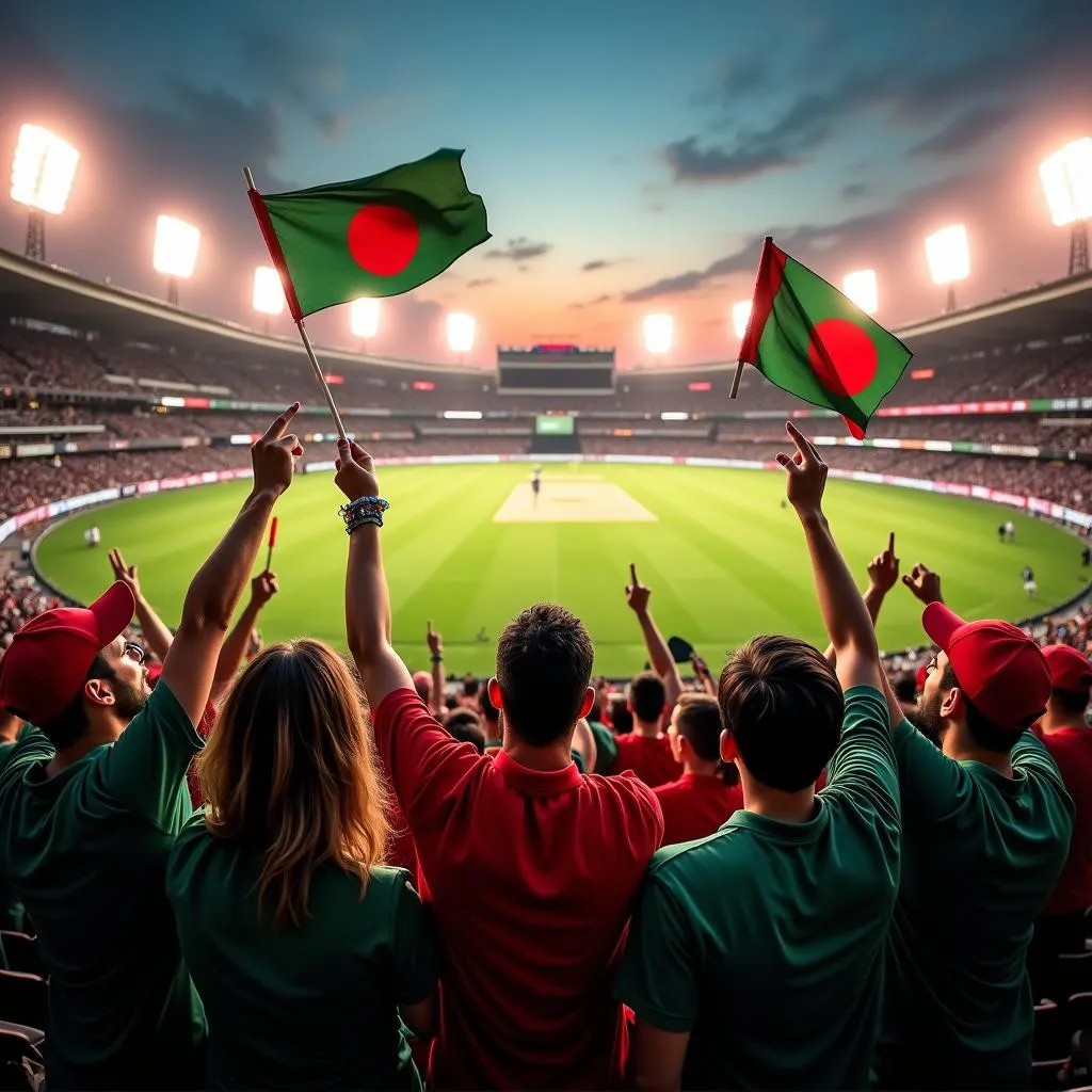 Bangladesh cricket fans cheering in a packed stadium