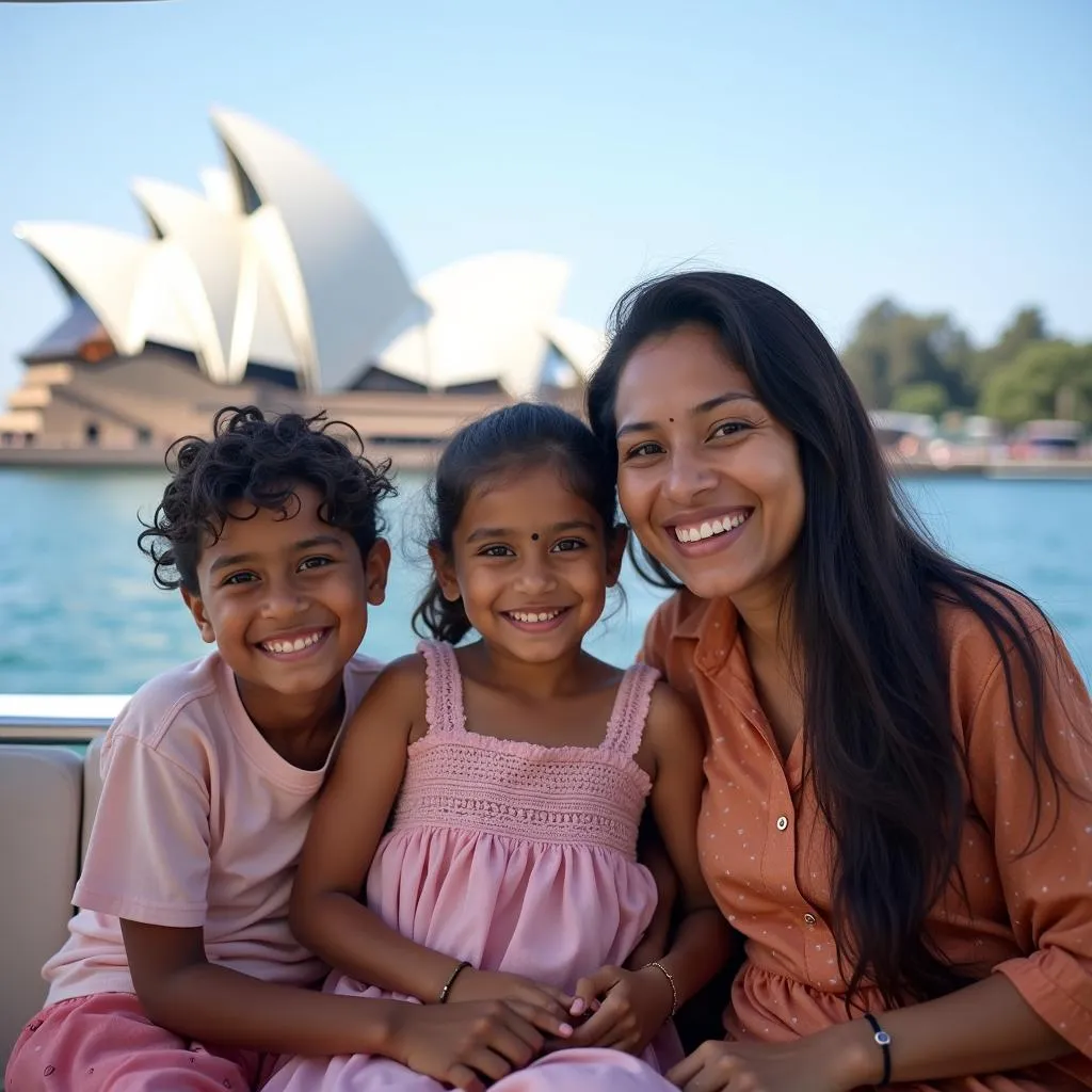 A Bangladeshi family enjoying a Sydney Harbour cruise with the Opera House in the background