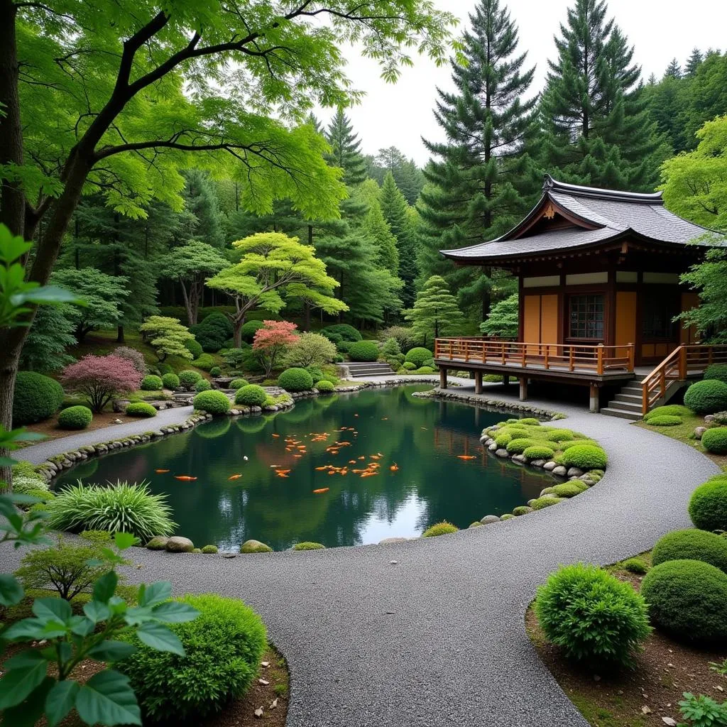 Serene Japanese garden with a pond and traditional architecture