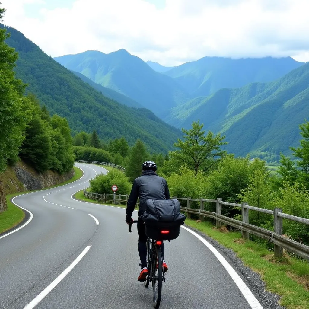 Bike touring in Japan with mountain view in background