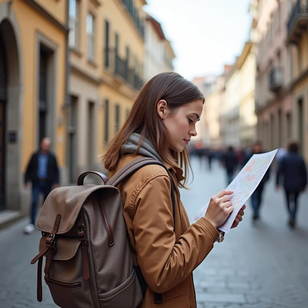 Woman checking map while backpacking in Europe