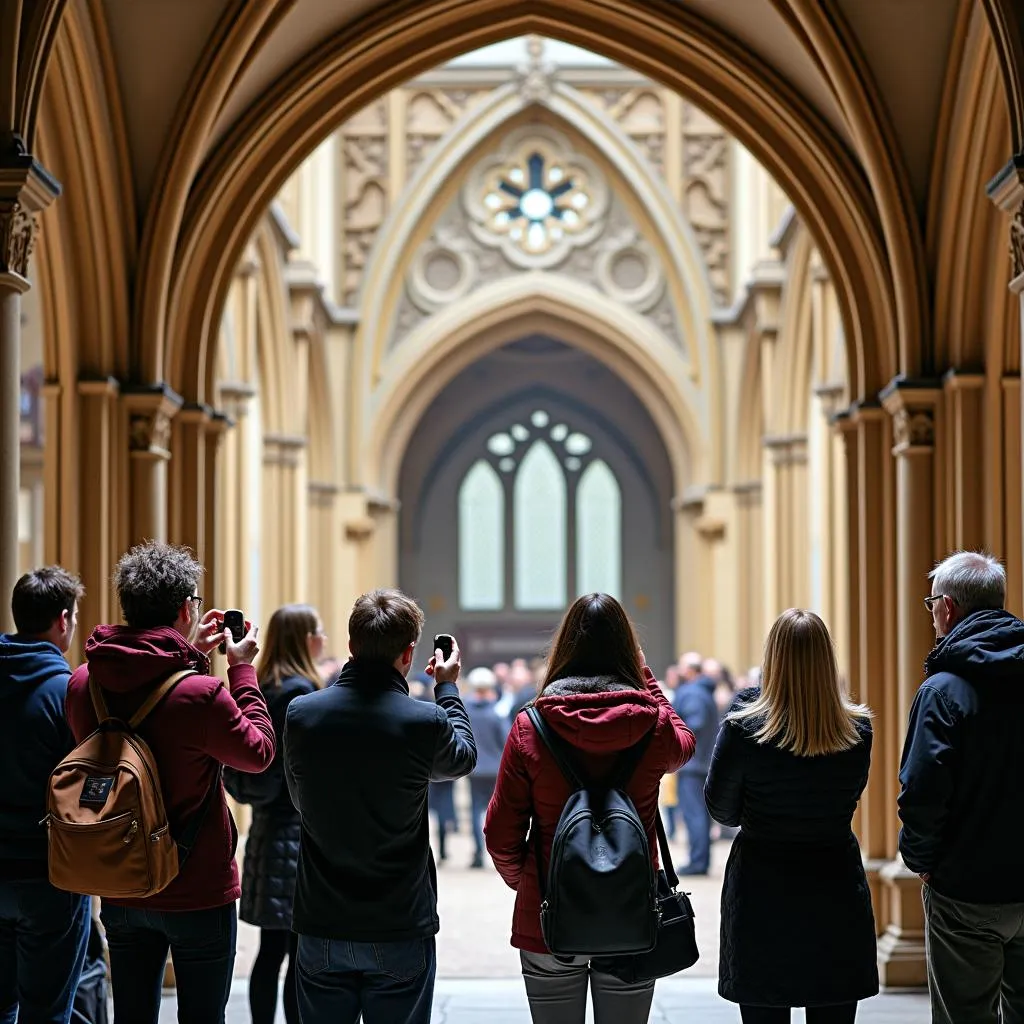 Tourists admiring Cambridge University college architecture during a walking tour