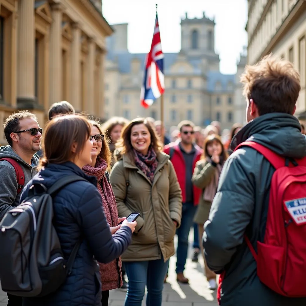 Group of tourists enjoying a walking tour in Cambridge