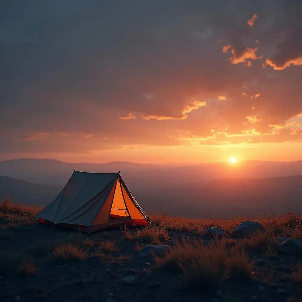 A tent illuminated by the glow of the midnight sun in Iceland