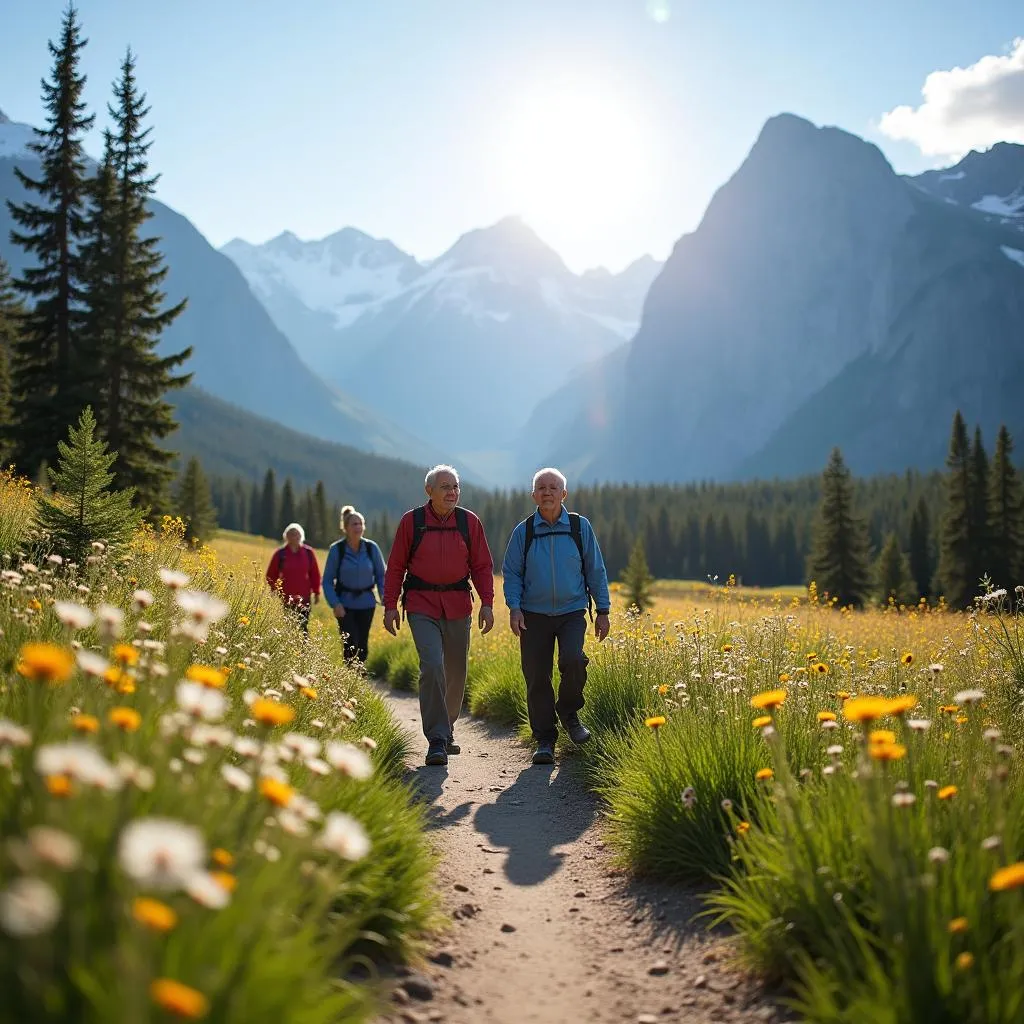 Seniors hiking on a trail with stunning mountain views in the Canadian Rockies during summer