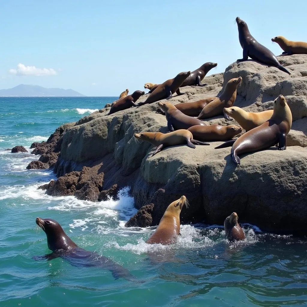 Cape fur seals lounging on the rocks of Duiker Island