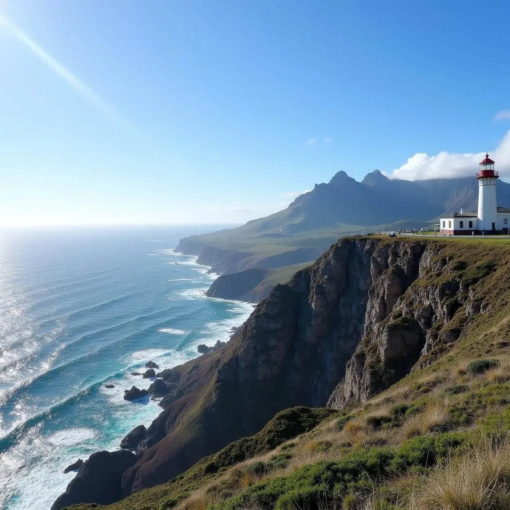 Panoramic view from Cape Point overlooking the Atlantic Ocean.