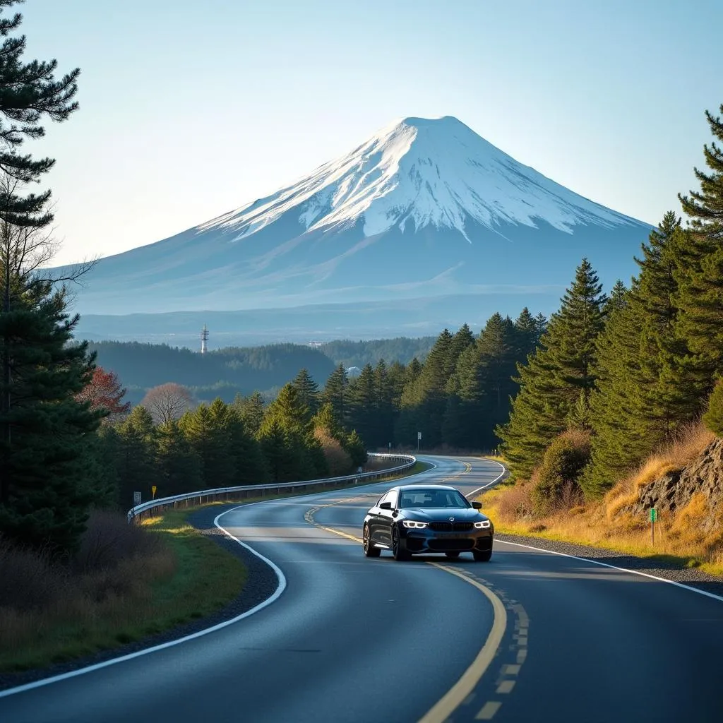 Car Driving on Road with Mount Fuji