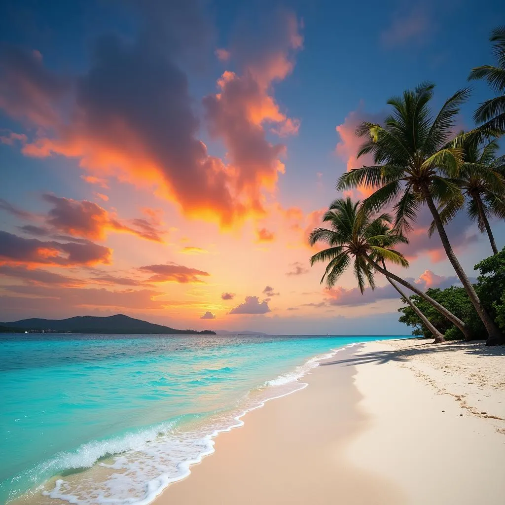 A picturesque sunset over a serene Caribbean beach.