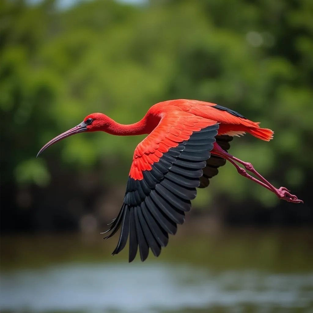 Scarlet Ibis in flight over the Caroni Bird Sanctuary, Trinidad