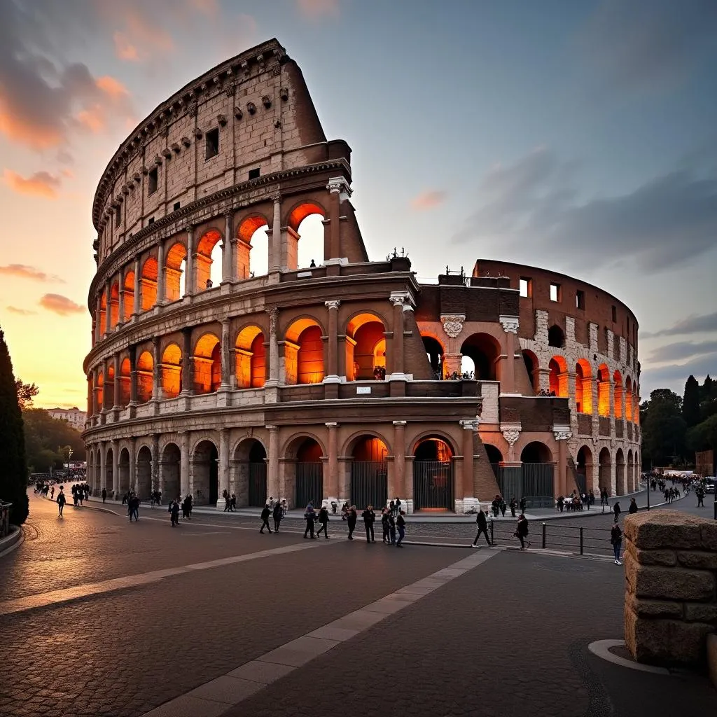 The Colosseum in Rome, Italy, bathed in the golden light of sunset