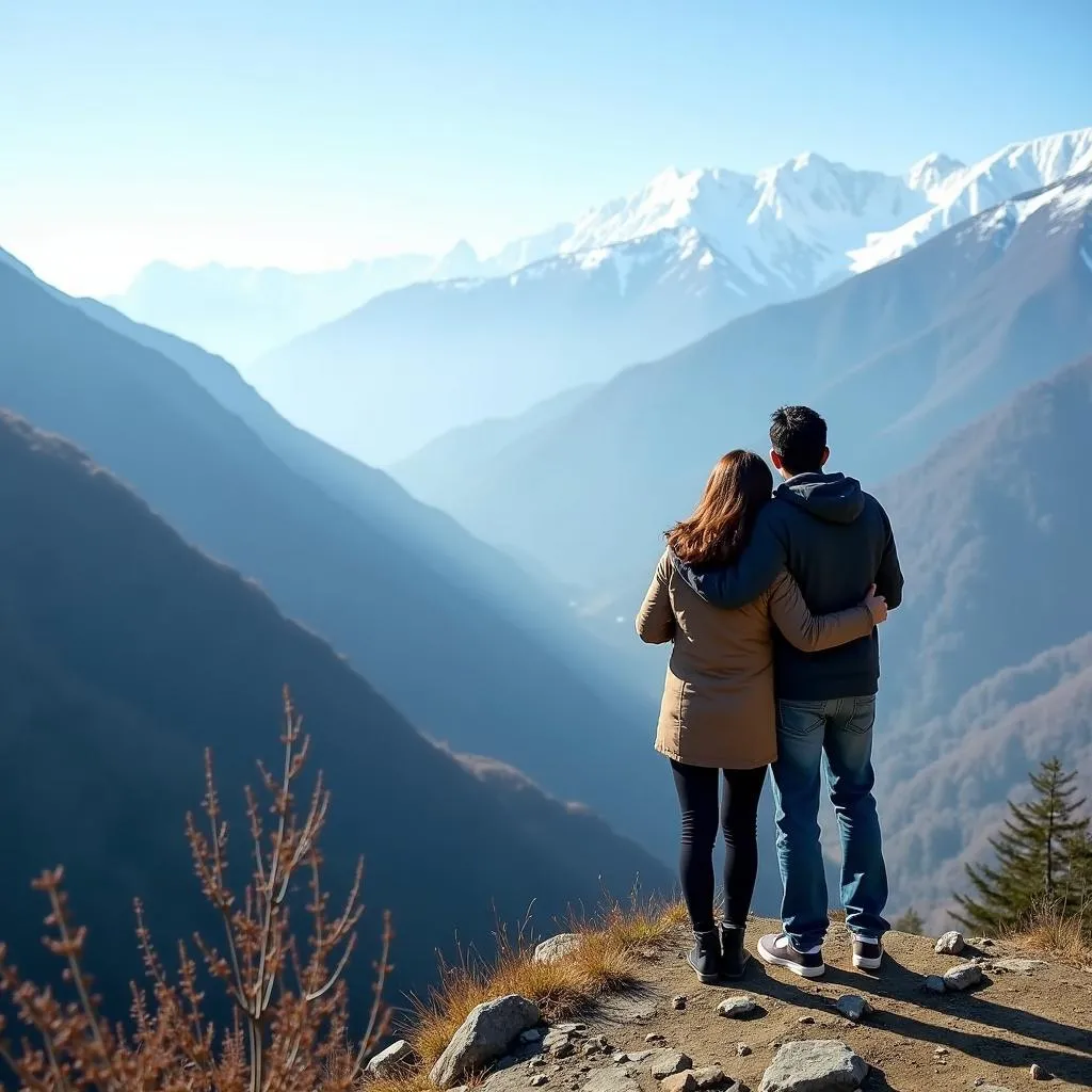 Couple Admiring the Panoramic View of the Himalayas from a Scenic Point in Manali