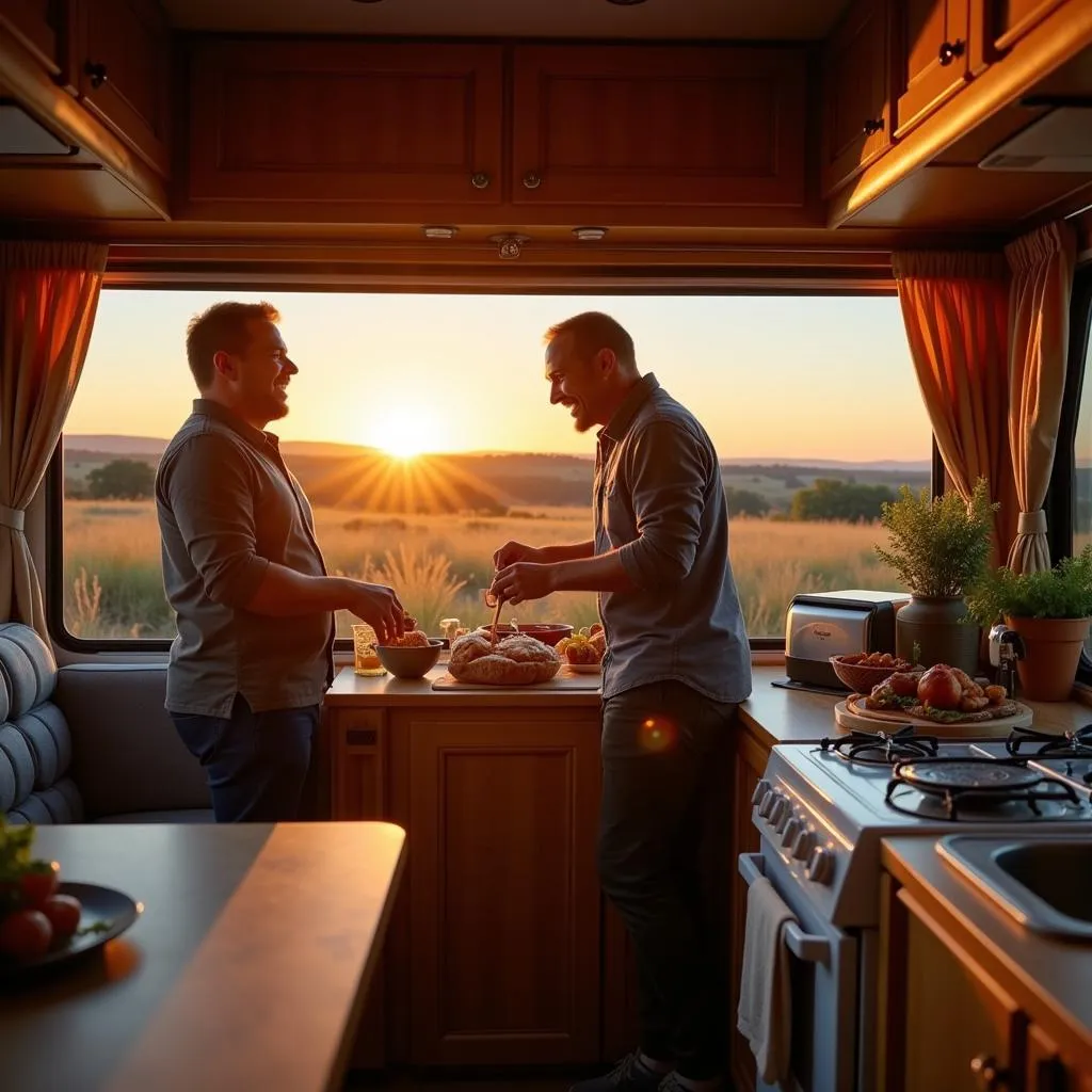 Couple Cooking Inside Caravan at Sunset