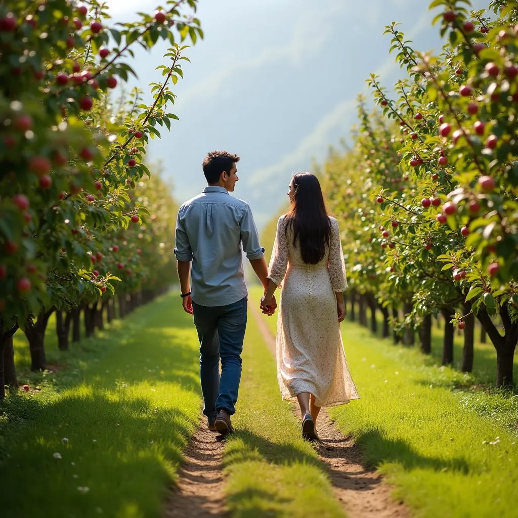 Couple Enjoying a Romantic Walk in an Apple Orchard