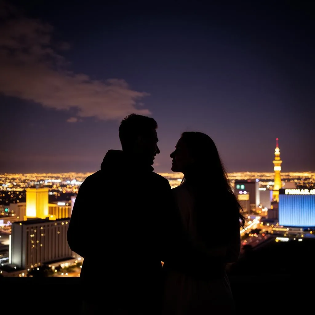 Couple admiring the panoramic night view of Las Vegas