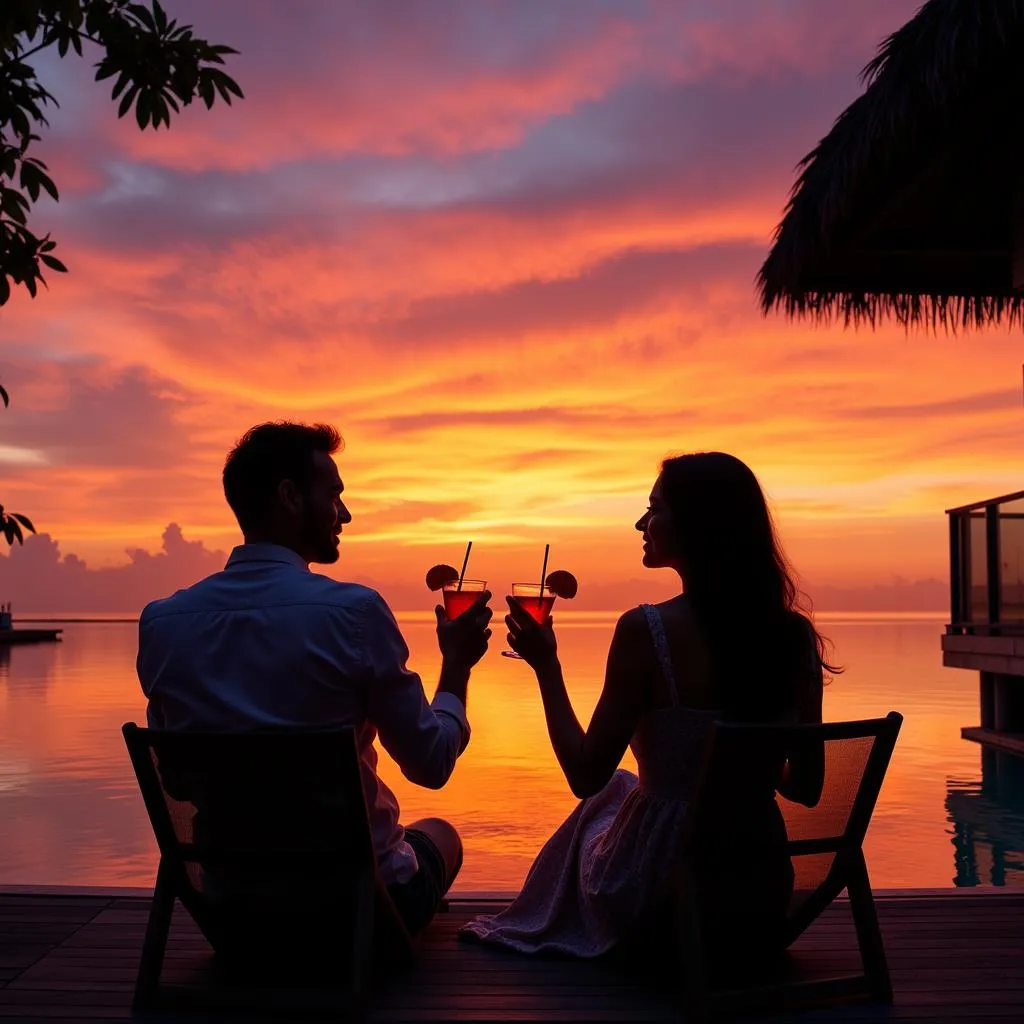 Couple Enjoying Sunset from Overwater Bungalow in the Maldives