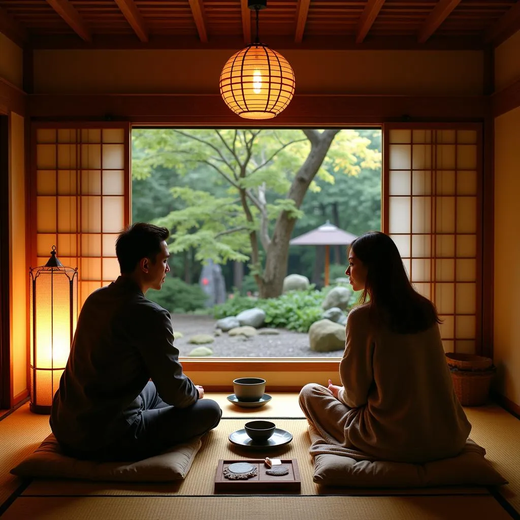 Couple Enjoying Tea Ceremony Inside Caravan