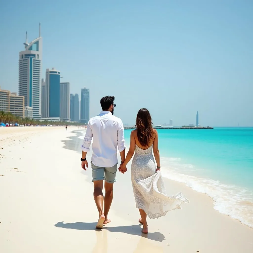 Couple holding hands on Dubai beach