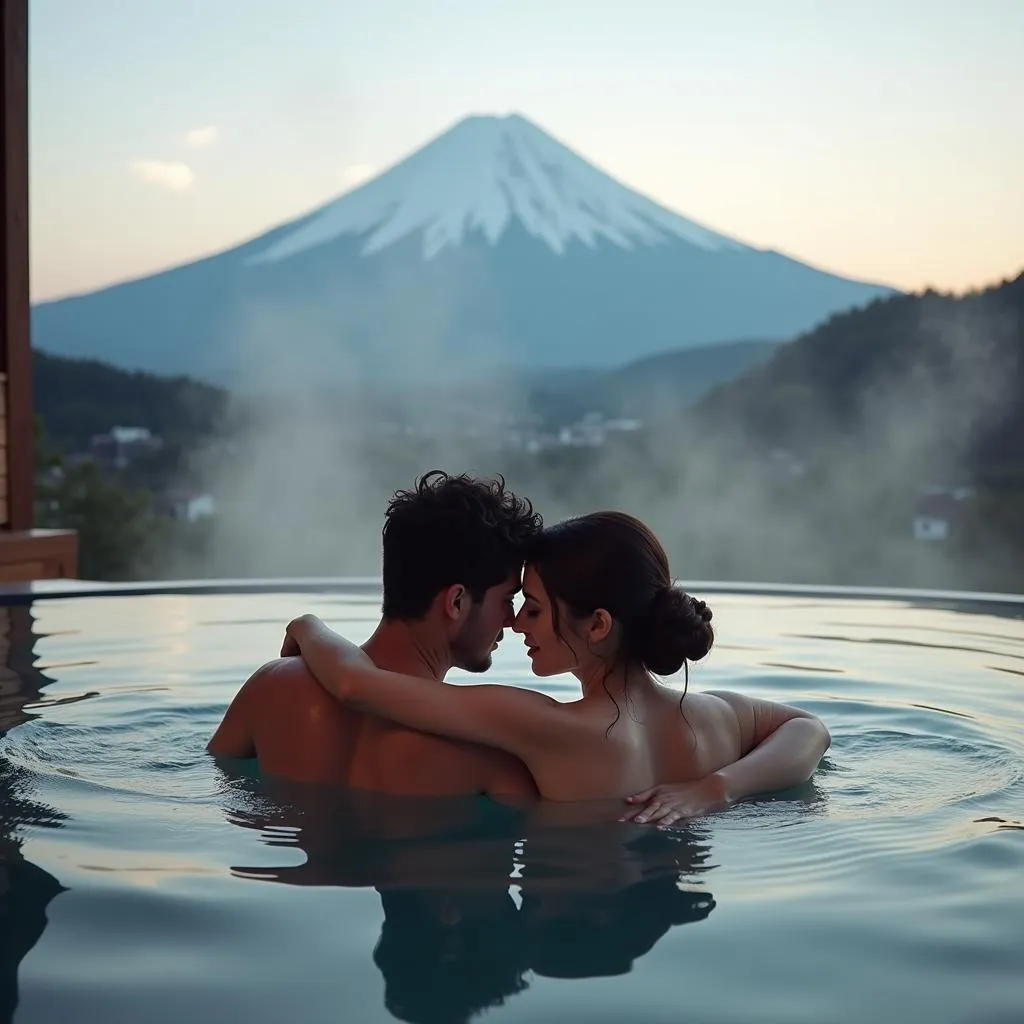 Couple Relaxing in Hot Spring in Hakone with Mount Fuji View