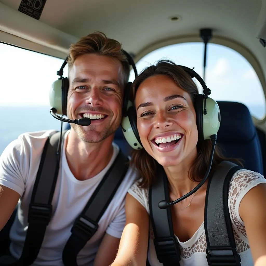 Couple taking photos during a biplane tour