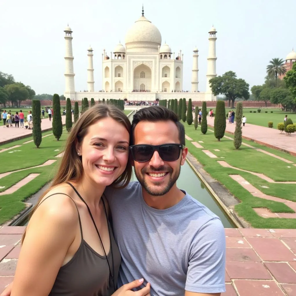 Couple taking photos at the Taj Mahal during a private tour.