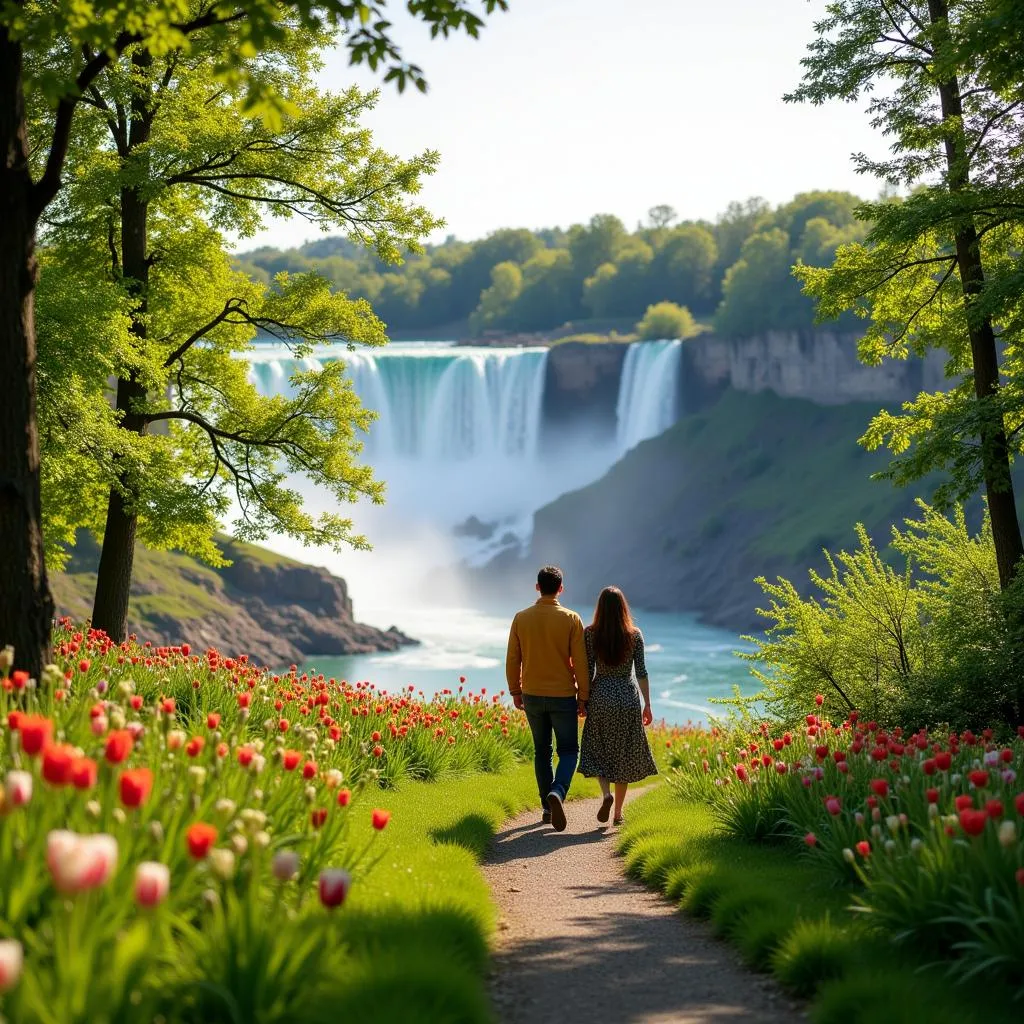 Couple walking hand-in-hand through Niagara Falls State Park in spring