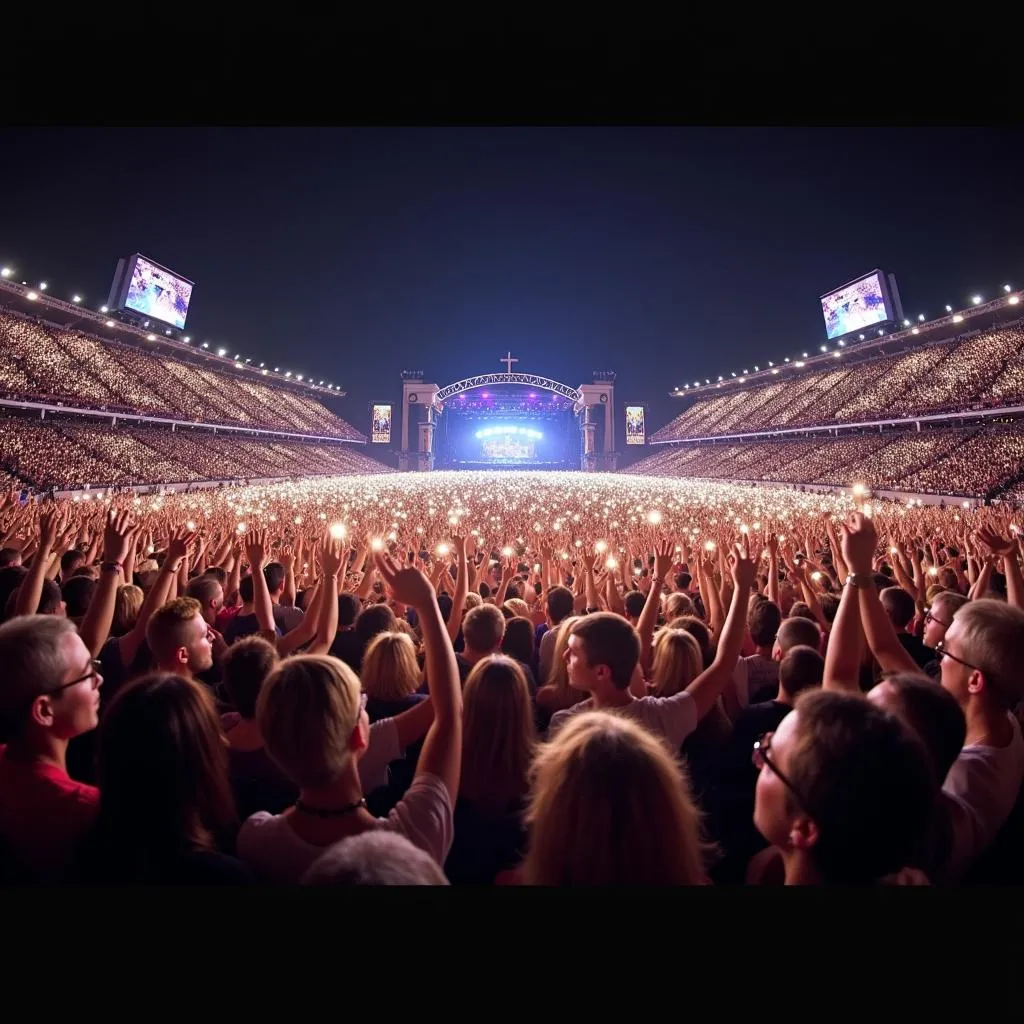 A massive crowd cheering at a Taylor Swift concert