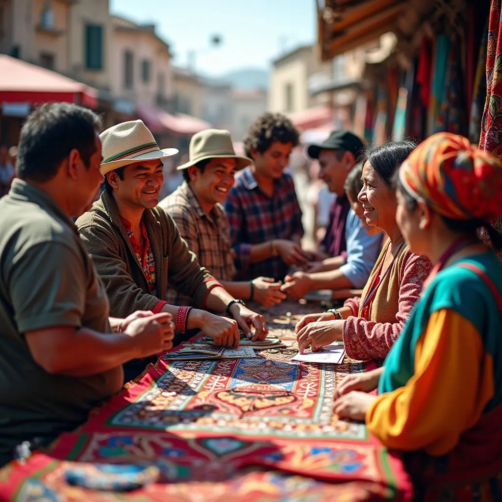 Tourists interacting with local artisans